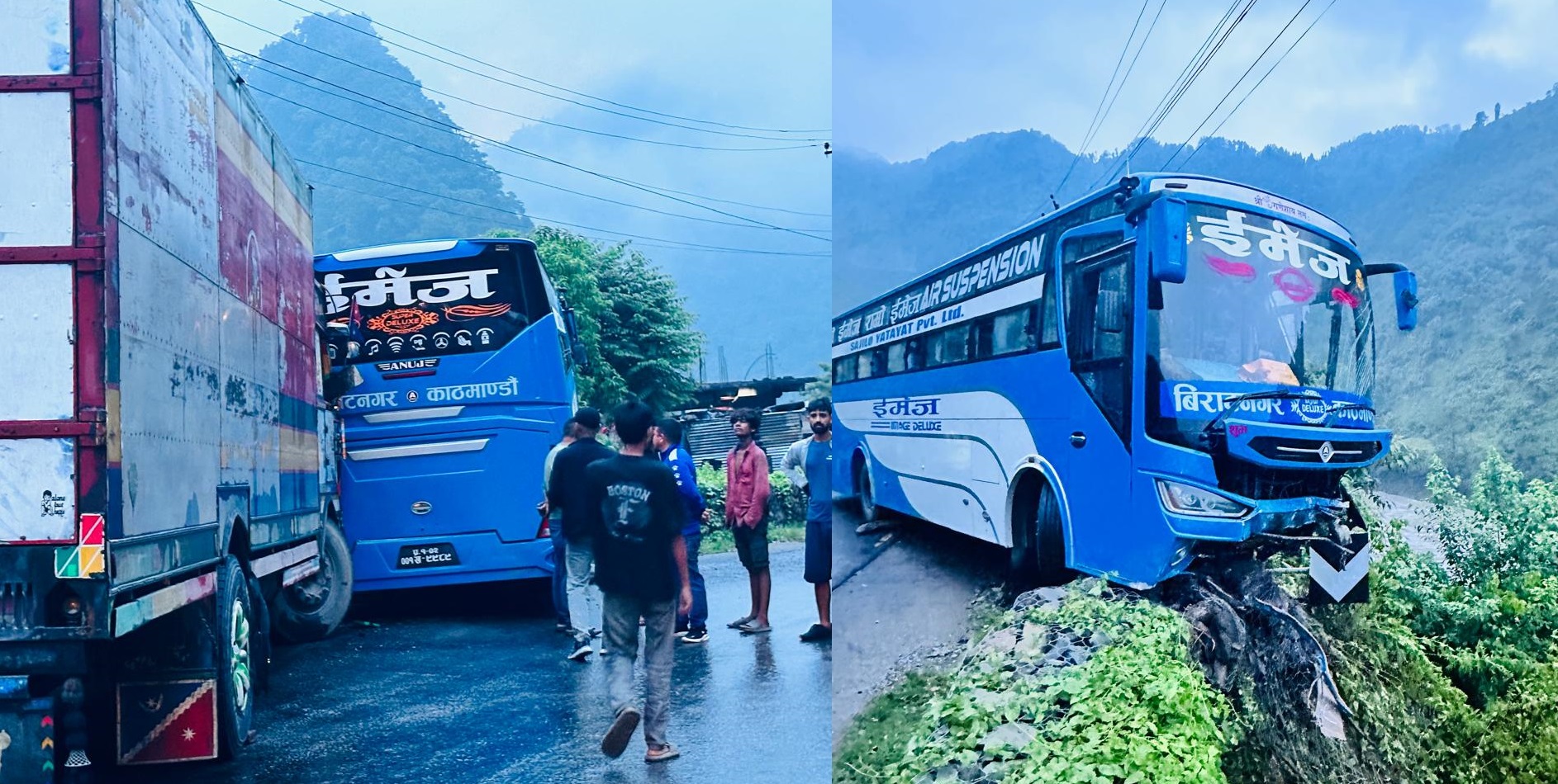 डिब्वा ट्रकको ठक्करबाट अनियन्त्रित भएको बस डिभाइडरमा ठोक्कियो