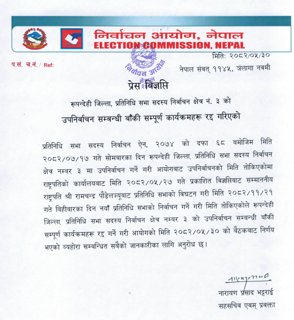 रुपन्देही–३ को उपनिर्वाचनका सबै कार्यक्रम रद्ध